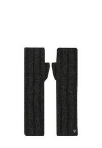 Guantes sin dedos de lana gris con un patrón texturizado. Dos secciones separadas con aberturas para los dedos y un logo en la parte inferior derecha.