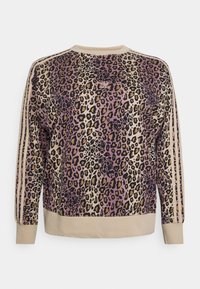 Mikina s leopardím potiskem v béžovém odstínu, s texturovanou tkaninou, krémově zbarvenými žebrovanými manžetami a třemi vertikálními krémovými pruhy na rukávech.