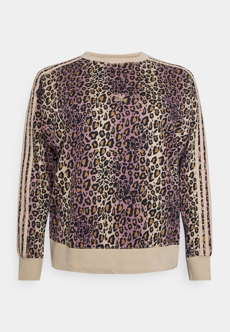 Mikina s leopardím potiskem v béžovém odstínu, s texturovanou tkaninou, krémově zbarvenými žebrovanými manžetami a třemi vertikálními krémovými pruhy na rukávech.