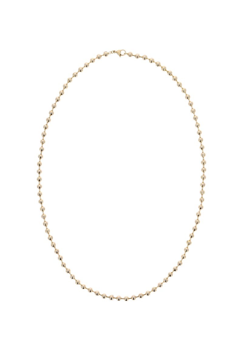 Guldring med skiftevis glatte og facetterede runde perler, afsluttet med en sikker lås. Designet er ensartet og skinnende.