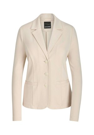 Cremefarbener, maßgeschneiderter Blazer mit drei Knöpfen, Reverskragen, langen Ärmeln und vorderen Leistentaschen.