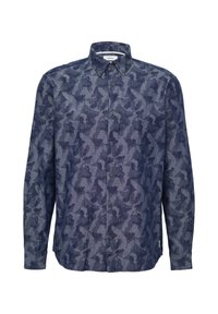 Donkerblauwe lange mouwen shirt met een subtiel vogelcamouflagepatroon. Voorzien van een klassieke kraag en knoopsluiting, gemaakt van gestructureerde stof.