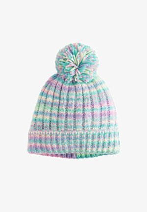 Strickmütze mit einem mehrfarbigen Muster in Pastelltönen von Rosa, Grün und Blau. Mit einem großen passenden Pompon an der Spitze.