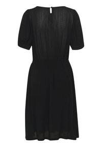 Schwarzes Kleid mit kurzen Puffärmeln, taillierter Taille und knielangem Saum. Leichtes Material mit subtiler Textur und Schlitzverschluss am Rücken.