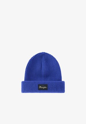 Blue knitted beanie with folded cuff featuring a black rectangular label with the word Wrangler in white script letters.