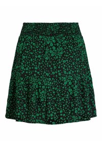 Jupe noire à motif floral vert, taille smockée, design à étages, tissu léger et forme décontractée en A.