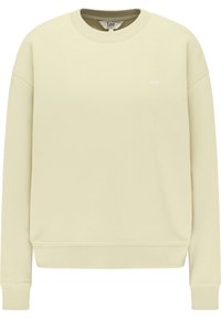 Sudadera verde claro confeccionada en mezcla de algodón, con cuello redondo, puños y dobladillo acanalados, y un pequeño logo bordado en el pecho.