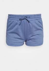 Blå tygshorts med elastiskt midjeband och dragsko. Slät textur, kort längd och sidofickor för praktisk användning.
