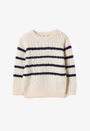 Suéter de punto color crema con rayas horizontales azul marino, diseño de trenzas, cuello redondo y botones en los hombros. Puños y bajo acanalados clásicos.