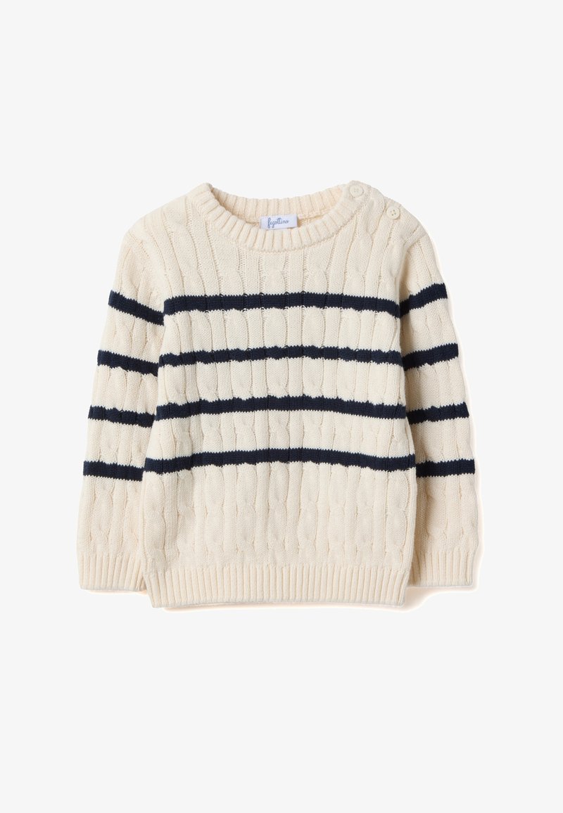 Crèmewitte gebreide trui met marineblauwe horizontale strepen, kabelpatroon, ronde hals en knopen op de schouders. Klassieke geribbelde manchetten en zoom.