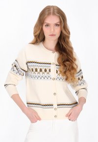 Cardigan tricotat crem, cu accente ornamentale în auriu, gri și albastru. Are decolteu rotund și închidere cu nasturi. Textură moale.