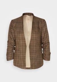 Blazer marron à carreaux avec un tissu texturé, ouverture devant, et manches longues. Il présente une doublure intérieure unie de couleur beige clair.