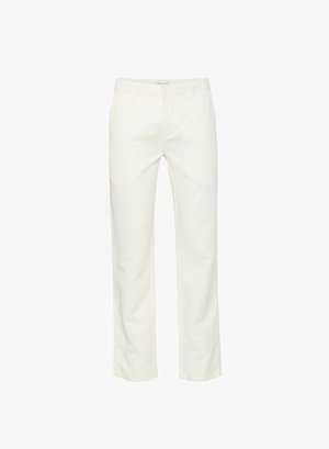 Valged sirged püksid, valmistatud puuvilla segu kangast. Omavad nööbi ja tõmbluku sulgemist, küljetaskuid ja ühtlast tekstuuri.