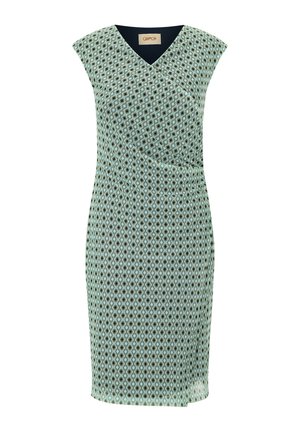 Mønstret kjole med V-hals, kortærmede ærmer og en tætsiddende silhuet. Har et geometrisk design i grønne, blå og sorte nuancer.
