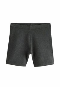 Donkergrijze sportshorts van zacht materiaal, met een rekbare tailleband, een aansluitend ontwerp en zonder zichtbare zakken of versieringen.