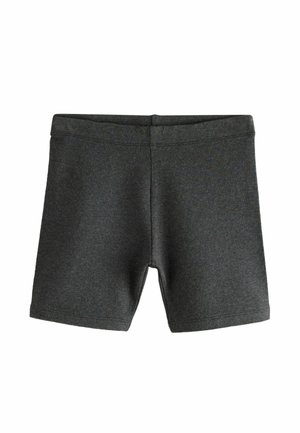Shorts de sport gris foncé en tissu doux, dotés d'une taille extensible, d'une coupe ajustée et sans poches visibles ni ornements.