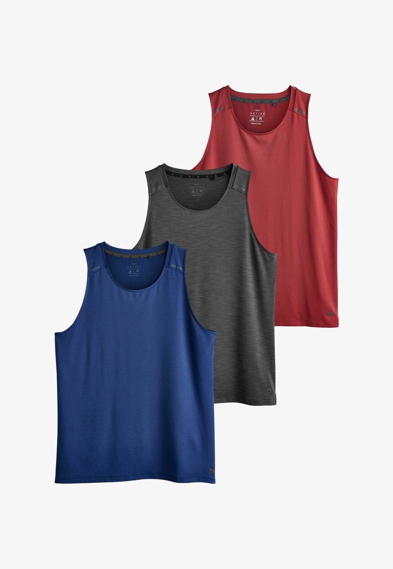 Trois débardeurs de sport sans manches en rouge, gris foncé et bleu, présentés superposés sur un fond blanc.