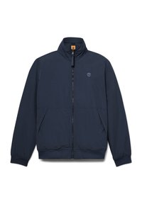 Marinblå zip-up-jacka med hög krage, elastiska ärmslut och fåll. Har två framfickor och en liten logotyp på vänster bröst. Slät textur.