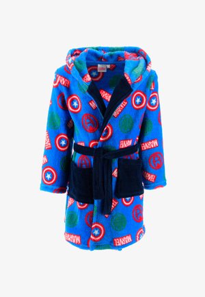 Accappatoio blu e soffice con design Marvel, inclusi loghi e cerchi rossi e verdi. Presenta un cappuccio, una cintura da annodare e due tasche frontali.