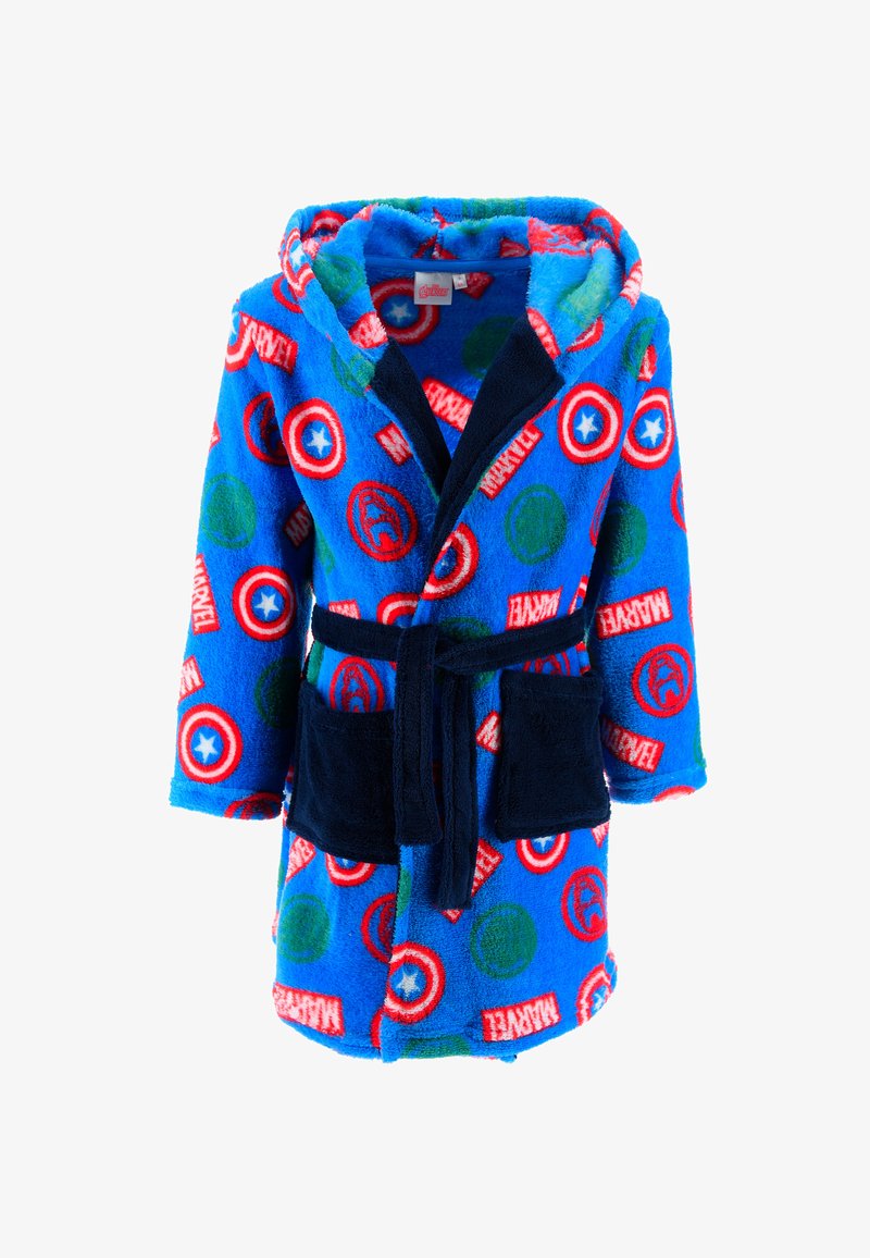 Niebieski, puszysty szlafrok z wzorami Marvel, w tym logo i okręgami w czerwonym i zielonym kolorze. Posiada kaptur, pasek do wiązania i dwie przednie kieszenie.