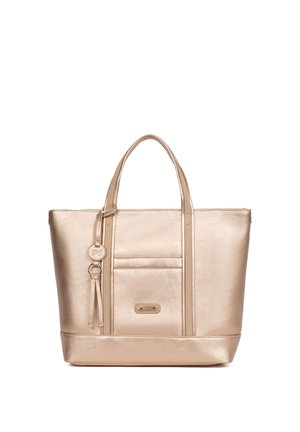 Metalen gouden draagtas met dubbele handvatten, voorvak en decoratieve tassel hanger aan één handvat.