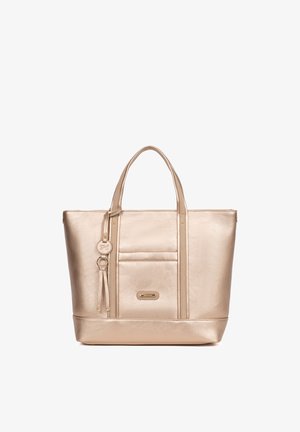 Metalen gouden draagtas met dubbele handvatten, voorvak en decoratieve tassel hanger aan één handvat.