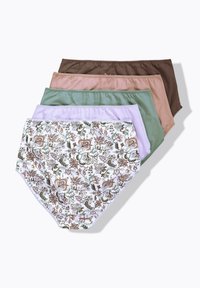 Cinq paires de culottes en coton pour femmes de différentes couleurs : marron, pêche, vert, lavande, et un motif floral blanc avec des accents verts et roses.
