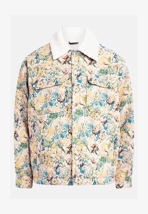 Jaqueta com padrão floral feita de tecido texturizado, apresentando tons de azul, amarelo e marrom, com um colarinho de pelúcia branco e dois bolsos frontais.