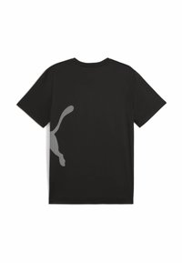 Zwarte t-shirt met korte mouwen en een gestructureerd, reflecterend logo-patroon op de achterkant. Soepele stof, ontwerp met ronde hals.