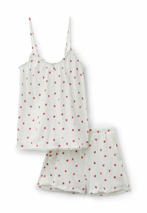 Wit mouwloos pyjamapak met dunne bandjes en korte broek, voorzien van een klein rood bloemenpatroon en delicate kanten afwerking aan de top en shorts.
