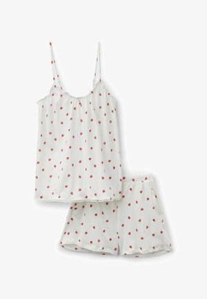 Wit mouwloos pyjamapak met dunne bandjes en korte broek, voorzien van een klein rood bloemenpatroon en delicate kanten afwerking aan de top en shorts.