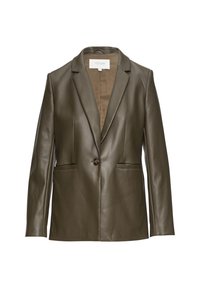 Olivgrünes Lederblazer mit einem Reverskragen, einem einzelnen Knopfverschluss, zwei vorderen Taschen und einer glatten Textur. Das Innenfutter ist einfarbig.