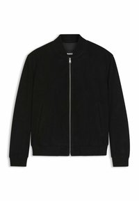 Black suede bomber jacket with a front zipper, ribbed collar and cuffs, and two side pockets. Smooth texture and minimalistic design.