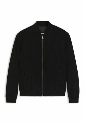 Black suede bomber jacket with a front zipper, ribbed collar and cuffs, and two side pockets. Smooth texture and minimalistic design.