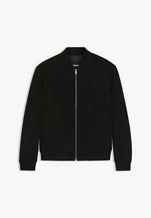 Black suede bomber jacket with a front zipper, ribbed collar and cuffs, and two side pockets. Smooth texture and minimalistic design.