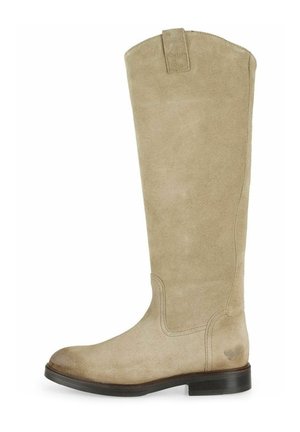 Beige Wildleder-Stiefel bis zum Knie mit runder Zehenform, niedrigem Blockabsatz und gesteppten Akzenten. Mit einer vertikalen Zuglasche oben.