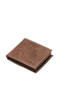 Brown leather wallet with visible stitching and embossed "ombre" logo. Folded design, smooth texture, compact shape.