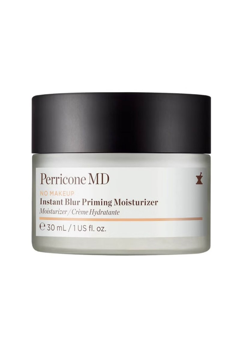 Perricone MD Instant Blur Priming Moisturizer in einem klaren Glasbehälter mit einem mattschwarzen Deckel, 30 ml, mit einem orangefarbenen Akzentstreifen.