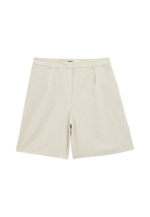 Beige skræddersyede shorts med høj talje, bæltestropper, sidelommer og forrest plisseringer, lavet af struktureret stof.