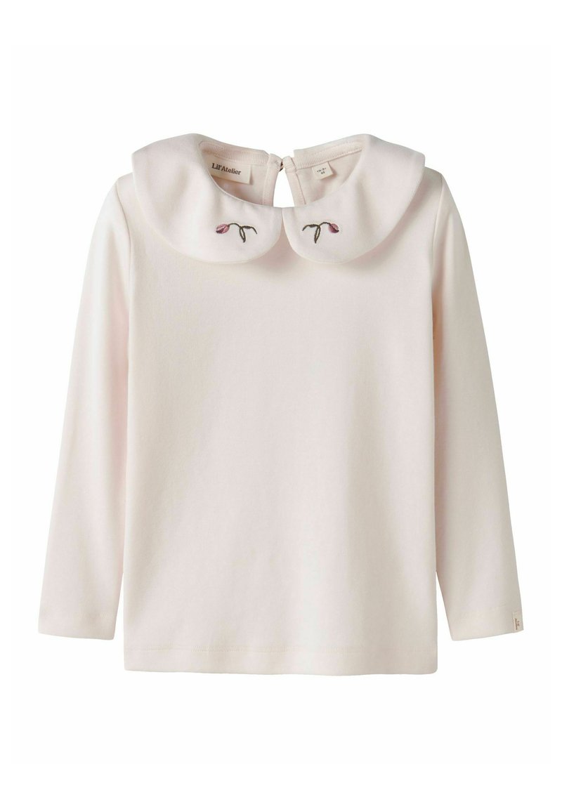 Helles rosa Langarmoberteil mit einem runden Kragen, das mit gestickten Blumendetails verziert ist. Glattes Material mit einer Knopfverschluss hinten.