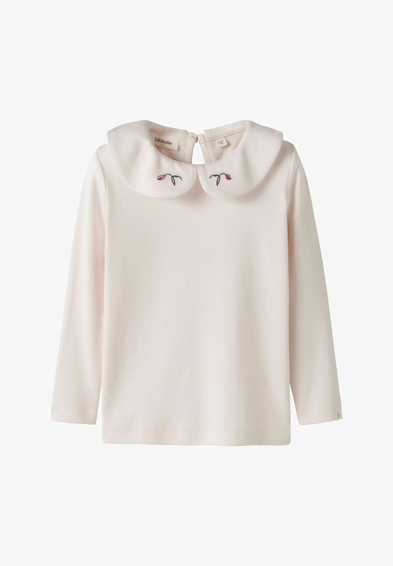 Helles rosa Langarmoberteil mit einem runden Kragen, das mit gestickten Blumendetails verziert ist. Glattes Material mit einer Knopfverschluss hinten.