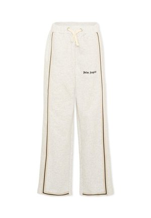 Lichtgrijze joggingbroek met zwarte strepen aan de zijkant, trekkoord in de taille en "Palm Angels"-logo op het bovenste gedeelte van de linker dij.