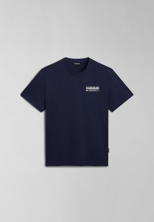 Navy blue cotton t-shirt with a round neck, short sleeves, and a frontal logo print. Smooth texture, regular fit, and no visible patterns.