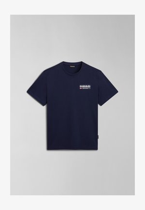 Marineblauwe katoenen T-shirt met een ronde hals, korte mouwen en een logo-opdruk aan de voorkant. Soepele textuur, normale pasvorm en geen zichtbare patronen.