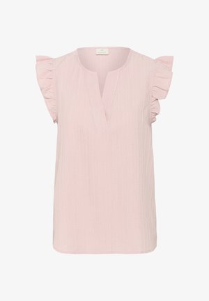 Šviesiai rožinė tekstūruota palaidinė su trumpomis raukinuotomis rankovėmis ir V formos įpjova priekyje.