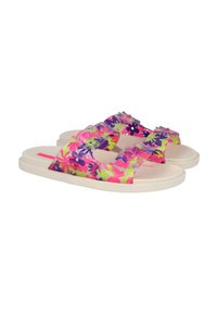 Sandalias con estampado floral, con una tira transparente y una suela beige acolchada. Los colores incluyen rosa, morado y verde.