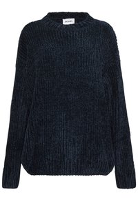 Ciemnogranatowy sweter z prążkowanego dziania o okrągłym dekolcie i długich rękawach. Miękka faktura i luźny krój, z szerokim paskiem w talii. Widoczna metka marki.