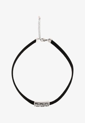 Black cord choker necklace with silver geometric patterned rectangular pendant and silver adjustable clasp chain.