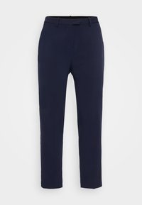 Pantalon ajusté bleu marine, à jambes droites, avec passants de ceinture et fermeture avant dissimulée, présenté sur un fond blanc.