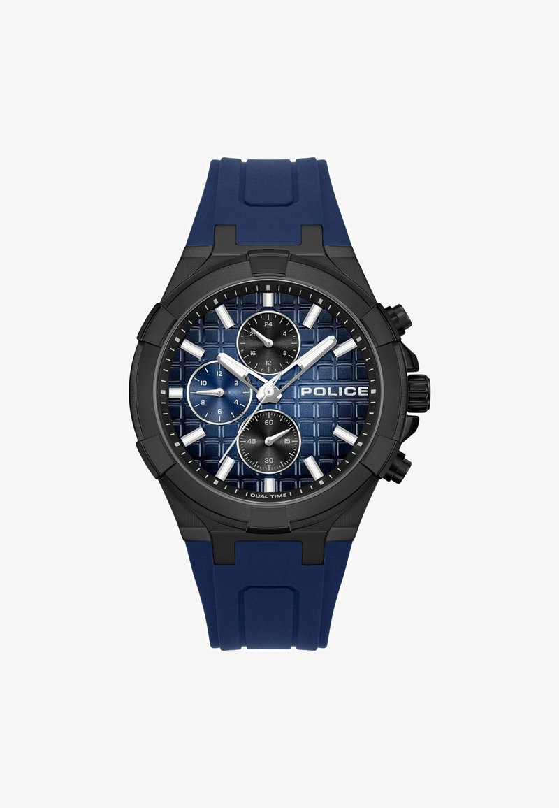 Reloj cronógrafo negro y azul marino con un dial texturizado en azul oscuro, índices plateados, tres subdiales y una correa de goma.